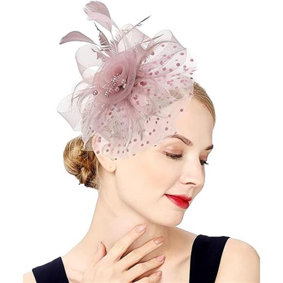 Women's Fascinators Tea Party Wedding Mesh Flower Pearl Feather Fascinator Hat - Picture 2 of 6